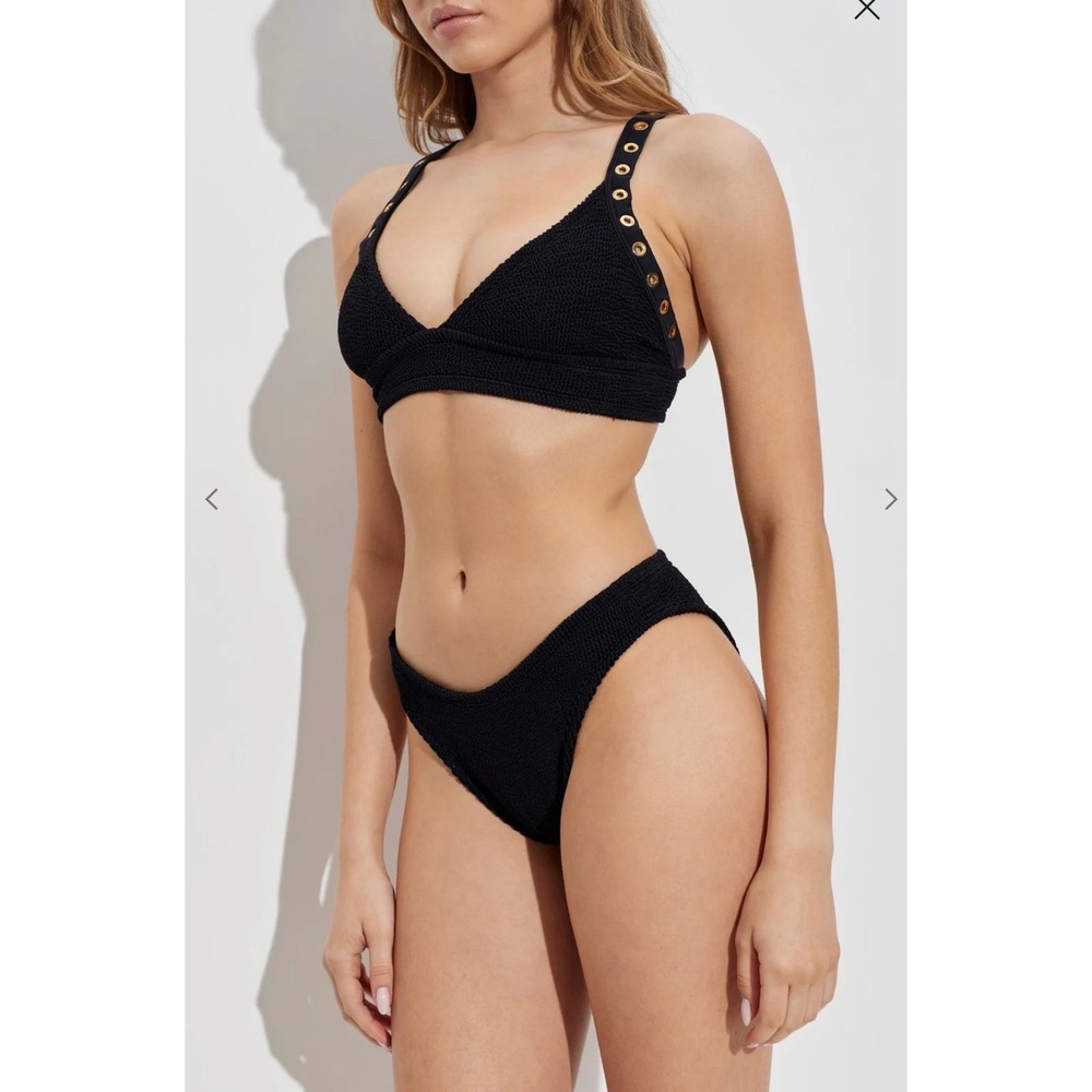 Hunza G Tessa Bikini Top Womens One Size Black Excellent Grommet Crinkle Swim